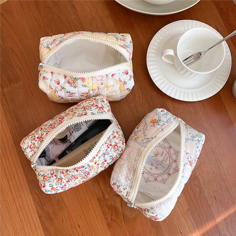 Sminra 2 Pieces Floral Makeup Bag  Cute Travel Quilted Pouch Cosmetic Bag Organizer  Small Cotton Coquette Aesthetic Purse Toiletry Bag for Women Girls accessories (Blue Flower-2PCS) - Image 4